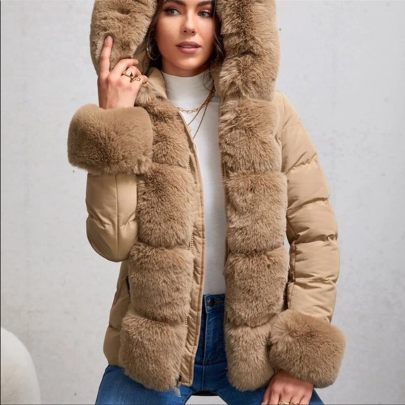 SHEIN Jackets & Blazers - Contrast Panel Faux-Fur Hooded Belted Coat